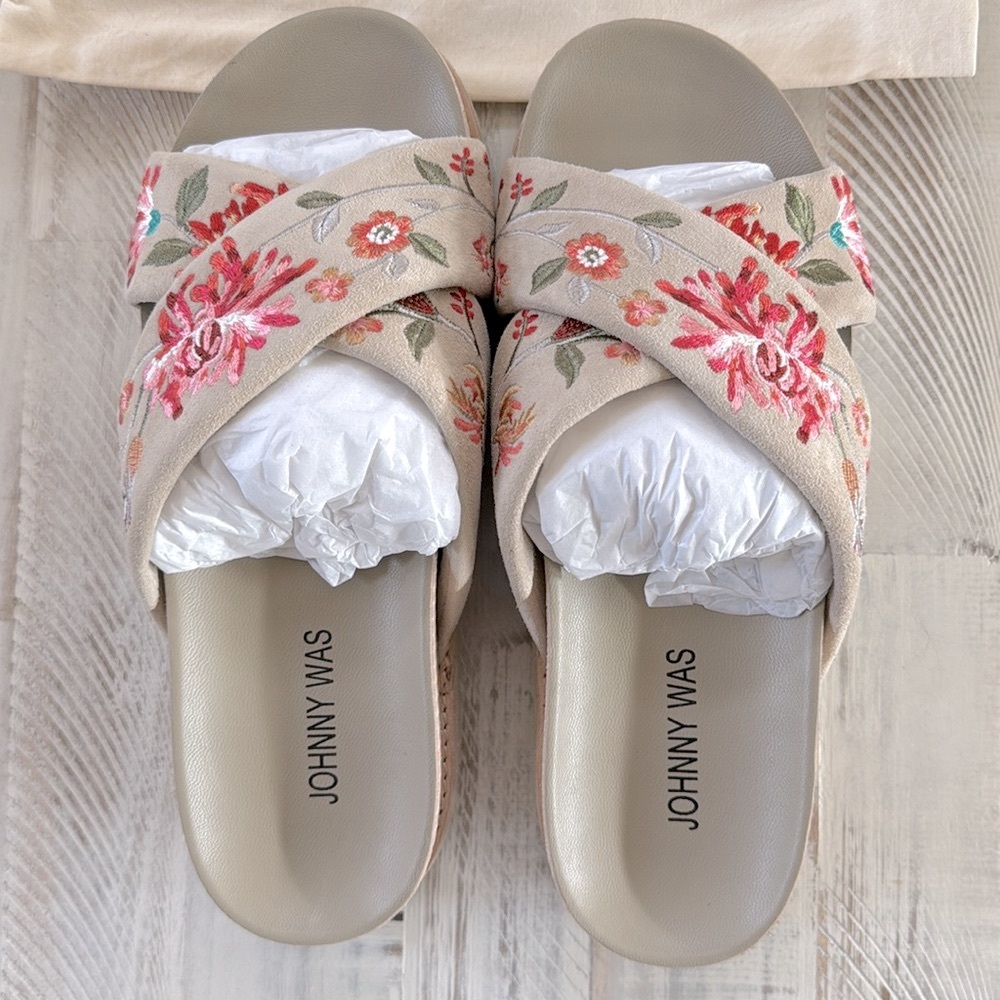 Johnny Was Cream Embroidered Cross-Strap Sandals with Pink Floral Accents